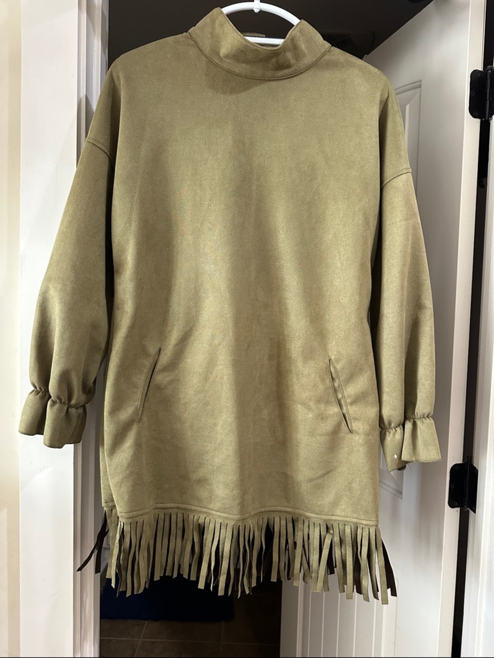 Laveoie- Faux suede turtleneck dress with fringe hem- Olive Green- Size Small